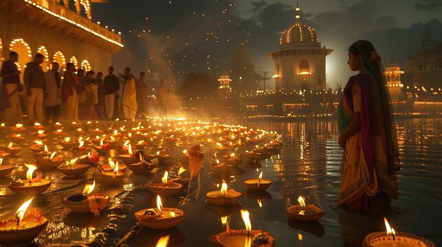 The photo shows a large number of lit oil lamps arranged on the ground in a temple with people in the background.