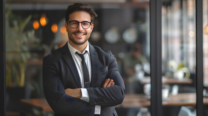 Fototapeta premium Close-up portrait of a confident businessman smiling in office.