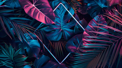 Creative fluorescent color layout made of tropical leaves. Flat lay neon colors. Nature concept. - obrazy, fototapety, plakaty