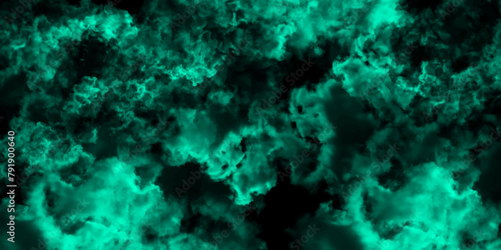 Poster Abstract dynamic particles with soft Blue clouds on dark background. Defocused Lights and Dust Particles. Watercolor wash aqua painted texture grungy design.	