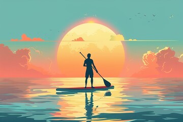 minimalistic illustration silhouette of a man floating on a SUP board in the sea at sunset