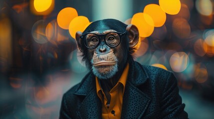 A businessman with a monkey's head in a business suit and tie, wearing glasses on a blurred background. Wolf character - obrazy, fototapety, plakaty