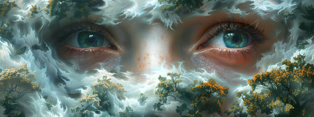 A close up of person beautiful eyes with flower and cloudy surround, surreal illustration