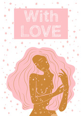 Poster with love with tender girl or lady with pink long hair dreaming in stars