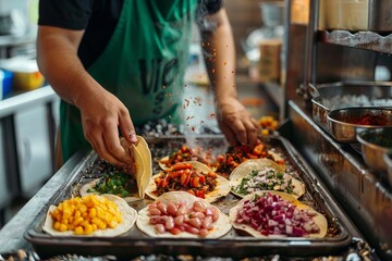 An experienced chef prepares fresh, delicious tacos with a variety of ingredients in a bustling kitchen