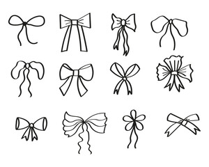 Bow of various set cartoon bow knots, gift ribbons. Hand drawn vector sketch with trendy hair braiding accessory, gift decoration on isolated background. Design element for congratulation, birthday