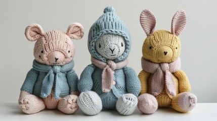 Adorable knitted baby animals wearing cozy scarves displayed in a row - obrazy, fototapety, plakaty