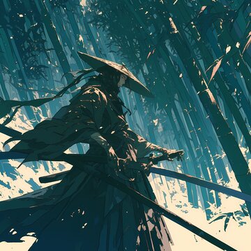A majestic samurai warrior emerges from a mystical bamboo forest.