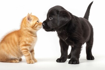 Fototapeta premium Side view, a black labrador puppy standing nose to nose with a fluffy ginger kitten isolated on a white background