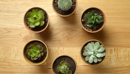 succulent plants in little pots, top view, walnut table
