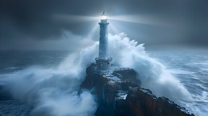 A lighthouse during a storm, with long exposure capturing the waves crashing against the rocks and the beam of light piercing through the rain