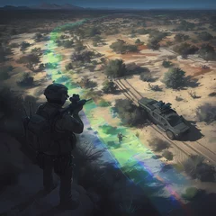 Foto op Plexiglas A military patrol in a desert setting with advanced technology. © RobertGabriel