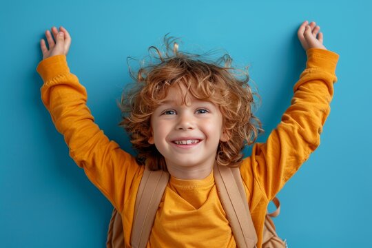 Little boy with curly hair on blue background, top view. Happy child