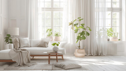 Jasna przytulny elegancki i minimalistyczny pokój w odcieniach bieli z wygodną sofą firanami i zasłonami na oknie 