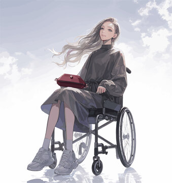 Pretty anime model on wheelchair, posing with a dark dress, vector art