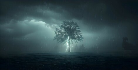 Fototapeta premium A lightning bolt striking a lone tree on a plain, using HDR to capture the dramatic contrast between the illuminated sky and the dark ground