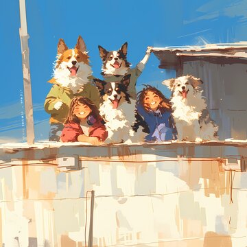 The Perfect Companions: A Warm Family Moment with Two Australian Shepherds and Their Human Friends on an Outdoor Deck