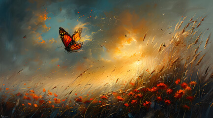 Whispers of the Wind: Detailed Oil Painting of Bending Grass and Fluttering Flowers