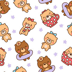 Cute kawaii teddy bear. Seamless pattern. Cartoon funny animals character. Hand drawn style. Vector drawing. Design ornaments.