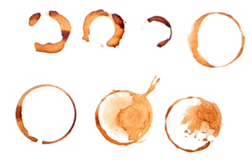 Set of coffee stains, mug imprints, random abstract brown patterns isolated on white, clipping path, PNG