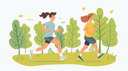 Young man and woman jogging in the park. Vector flat