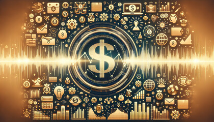 Wealth Frequency: Abstract Wavelength Patterns with Financial Icons for Business Wallpaper