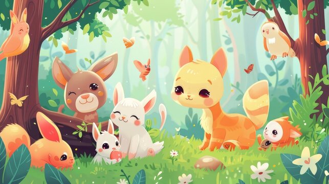 A cute cartoon illustration of a group of animals in a forest setting. The animals include a cat, a rabbit, a fox, a deer, and a bird. The animals are all drawn in a simple, cartoon style and are depi