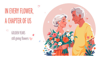 Old man gives bouquet of flowers to sweet old lady. Love and date concept. Vector flat illustration