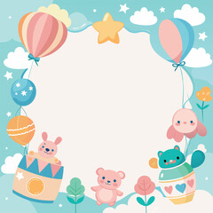 A children's birthday party frame with balloons, cupcakes, and other party decorations. Scene is festive and joyful