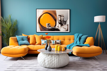 Vibrant orange sofa with blue pillows against wall with poster frame. Hollywood glam interior design of modern living room, home.