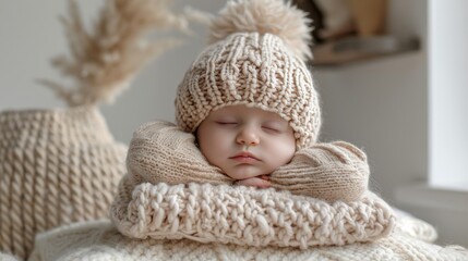 Sleeping newborn bundled in cozy knitted hat and scarf near a window