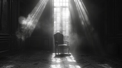 Solitary antique chair bathed in sunlight in a desolate, eerie room with peeling walls