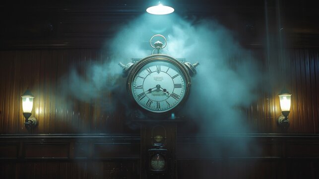Mysterious antique clock in a dimly lit room enveloped in fog