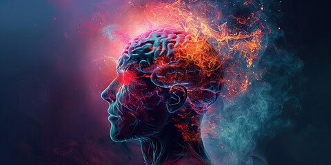 Schizophrenia: The Hallucinations and Delusions - Visualize a person with highlighted brain showing neurotransmitter imbalance, experiencing hallucinations and delusions, - obrazy, fototapety, plakaty