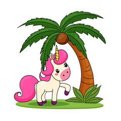 Summer illustration cute unicorn unicorn near palm tree