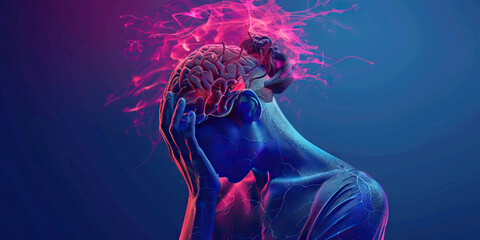 Schizophrenia: The Hallucinations and Delusions - Visualize a person with highlighted brain showing neurotransmitter imbalance, experiencing hallucinations and delusions, - obrazy, fototapety, plakaty