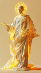 Obraz premium A minimalistic mosaic geometric gradient gives a glowing golden hue to a psychedelic priest sculpture against a beige background, creating a mesmerizing and enigmatic visual experience. 