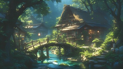 Hut and small village in the forest with wooden bridges and streams. fantasy art illustration in the style of anime. generative AI