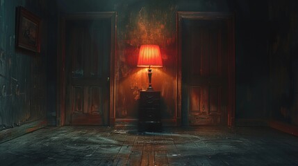Mysterious old room with a glowing antique lamp and weathered wooden doors - obrazy, fototapety, plakaty