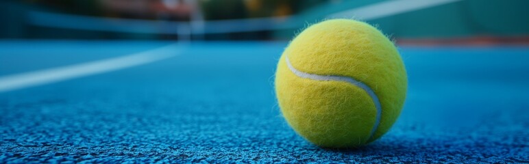 Tennis ball rests on a vibrant blue court - obrazy, fototapety, plakaty
