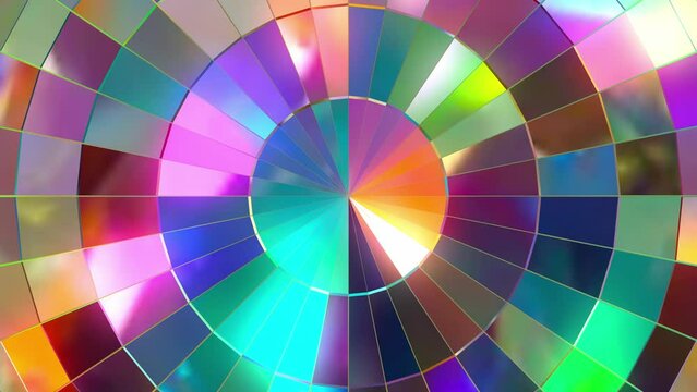 Colorful retro disco mirror ball abstract reflective spinning looping night club, party, event background.