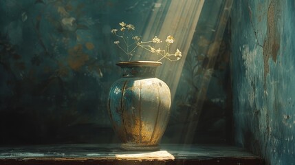 Antique vase on an ornate rug in a room bathed in sunlight, capturing a nostalgic ambiance - obrazy, fototapety, plakaty