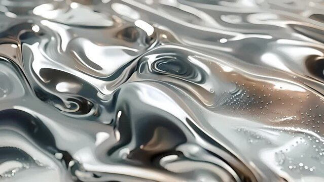 Silver liquid molten metal abstract art background effect. Wave liquid substance in curve wavy smooth and soft bio forms in silver metal chrome material with glossy glass parts on grey background 4k 