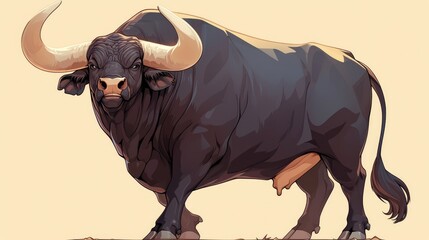 cartoon Illustration of a majestic black bull