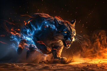 Beautiful big puma with fire on black background. Wildlife scene. Angry big cat in fiery ambience.

