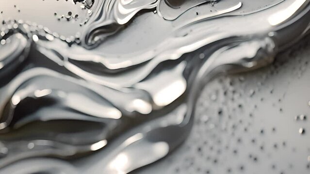 Silver liquid molten metal abstract art background effect. Wave liquid substance in curve wavy smooth and soft bio forms in silver metal chrome material with glossy glass parts on grey background 4k 
