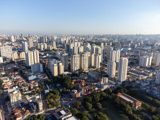 Incredible sunset in the city of São Paulo, a megalopolis with an aerial image above the Tietê River.