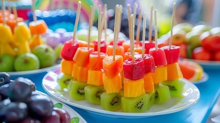 Colorful rainbow colors fruit kebab sticks served in a plate on rainbow theme birthday party