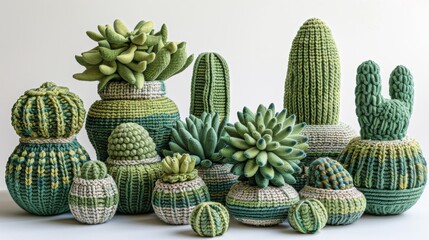 Knitted plant pots with realistic artificial succulents and herbs on a white background - obrazy, fototapety, plakaty