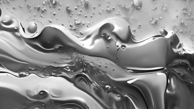 Silver liquid molten metal abstract art background effect. Wave liquid substance in curve wavy smooth and soft bio forms in silver metal chrome material with glossy glass parts on grey background 4k 